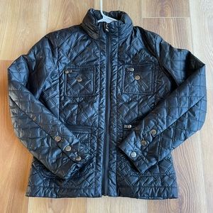 Laundry black puffer motorcycle jacket quilted light zip pockets rain hood Sz S